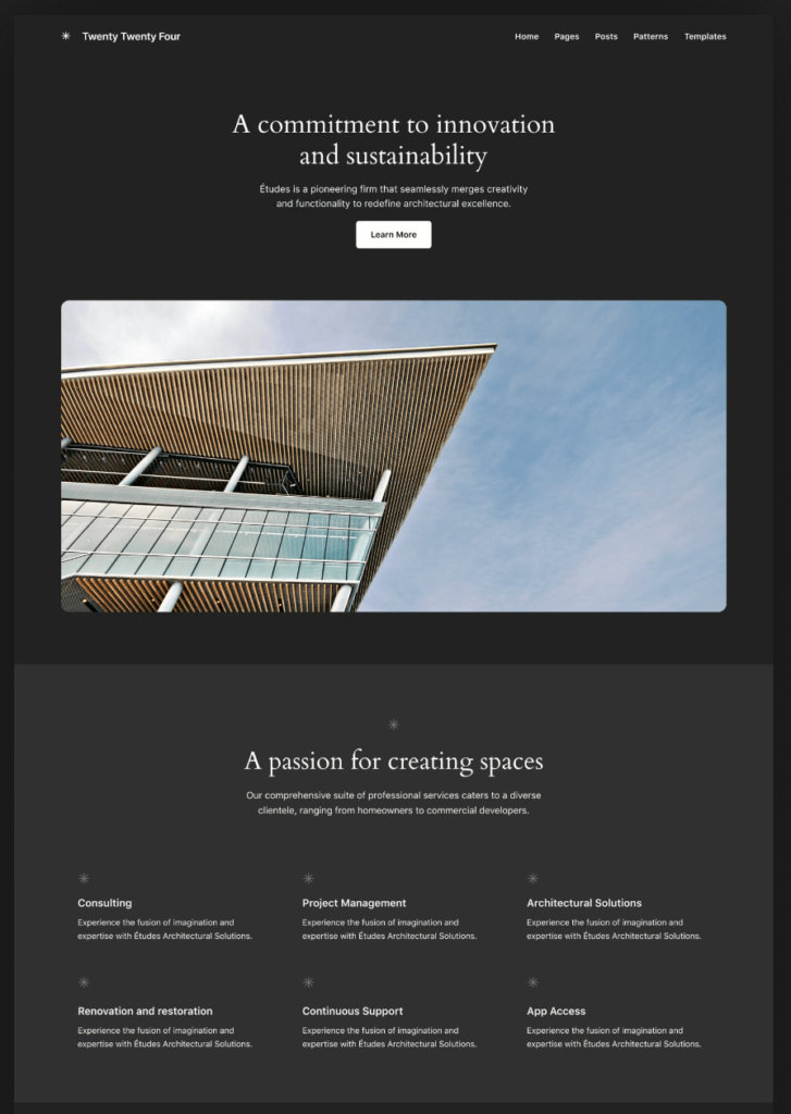 Variation of wordpress twenty twenty four theme: onxy